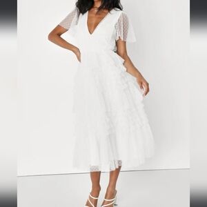 Fanciful Feelings White Swiss Dot Flutter Sleeve Midi Dress (XL)